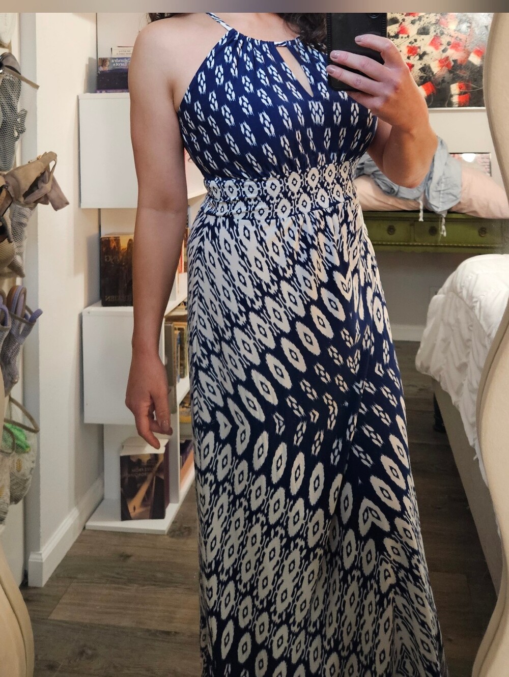 London Times Navy and White Printed Halter Maxi Dress